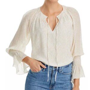 Ramy Brook Ivory Textured Peasant Blouse NWT | Smocked Cuffs | Boho Luxury Top |